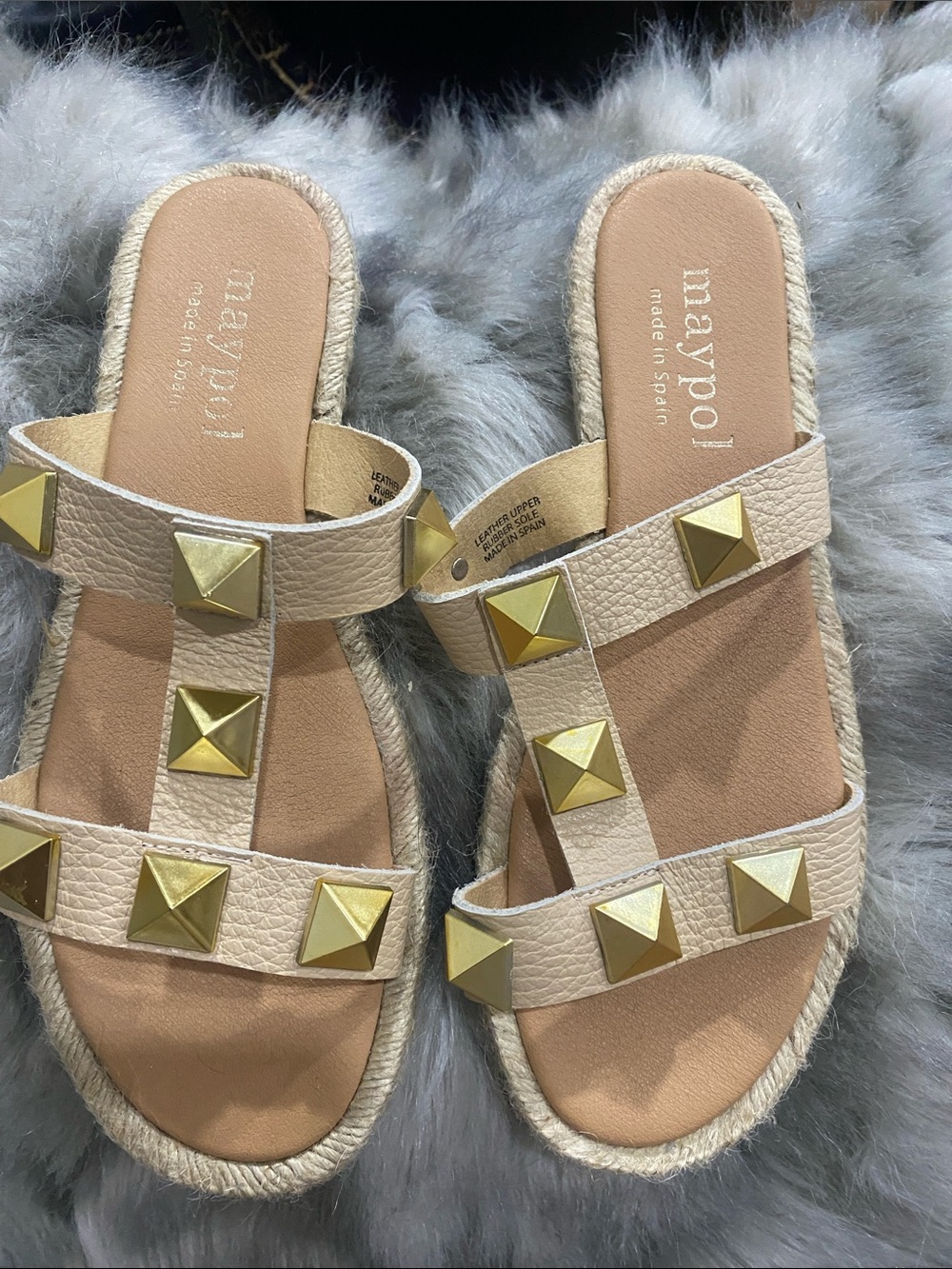 Inaypol Beige Studded Slide Sandals with Gold Pyramid Accents